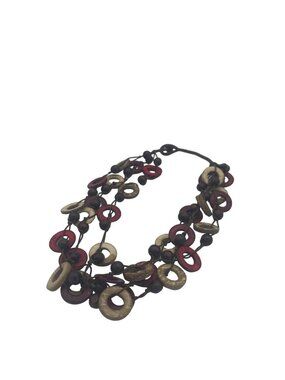 Multi-Strand Wooden Ring Necklace With Adjustable Cord Red & Beige Accents